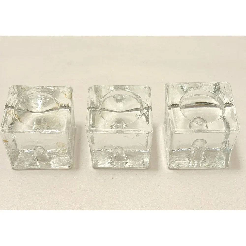 Art Glass VTG Cube Candle Holder Taper Mini Beeswax Candles MCM 3PC Set Findland